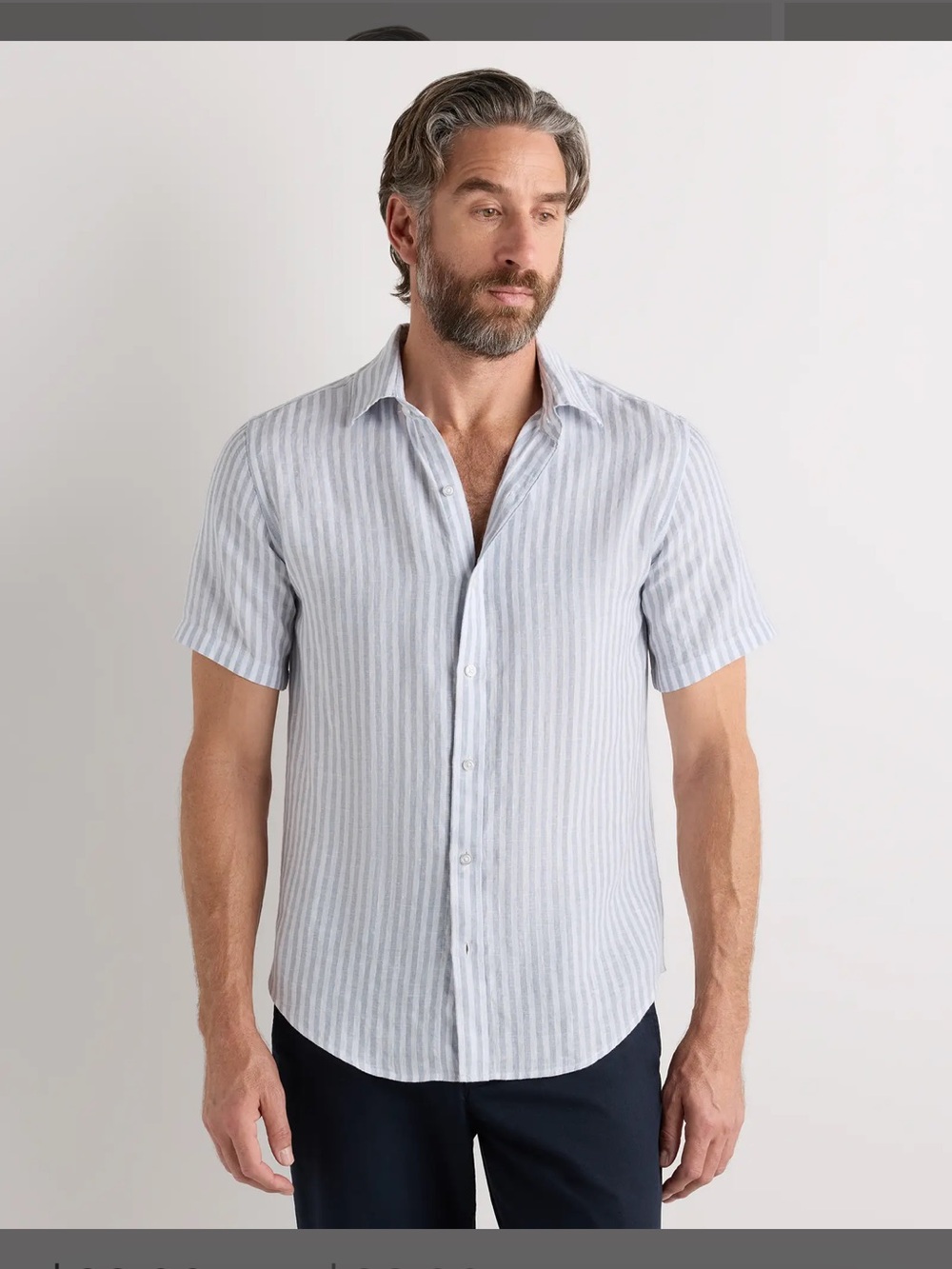 New Quince men’s European Linen relaxed, short sleeve shirt, blue pinstripe XL